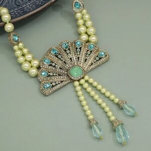 YELLOW BLUE ART DECO STYLE PEARL STATEMENT NECKLACE
